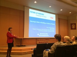 Campaign Director Susan Hassmiller speaks to a group of Army, Navy, and VA nurses at Brooke Army Medical Center Auditorium in San Antonio, TX.