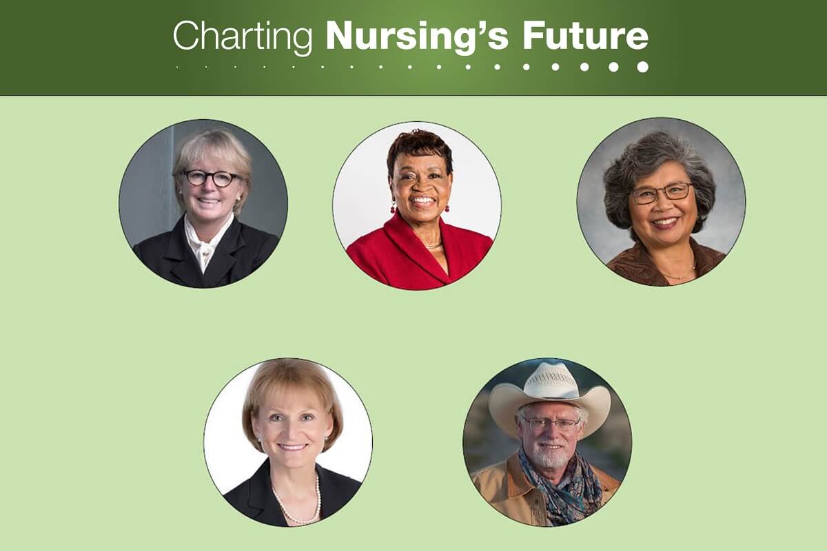 Head shots of the five nurse though leaders: Sheila Burke, Catherine Alicia Georges, Jennie Chin Hansen, Mary Wakefield, and Peter Buerhaus