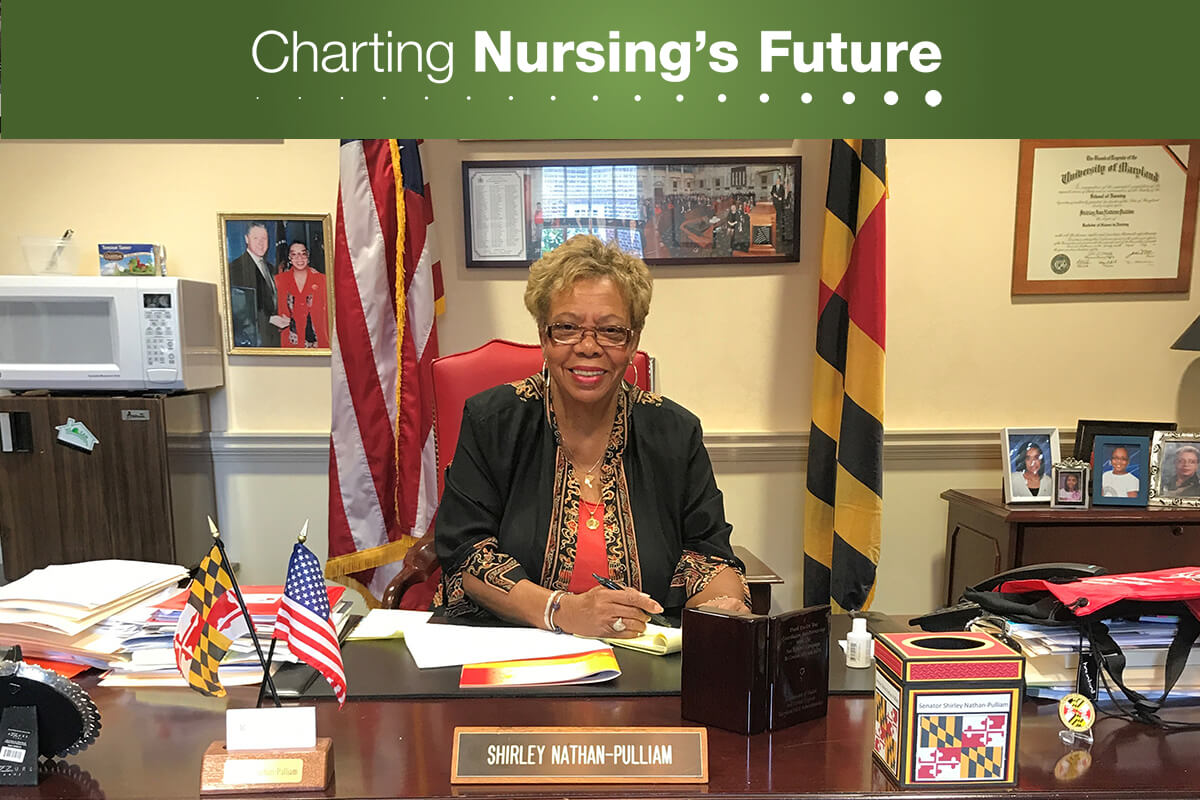 Maryland state Senator Shirley Nathan-Pulliam, RN, BSN, MAS, sits in her office at her district headquarters.