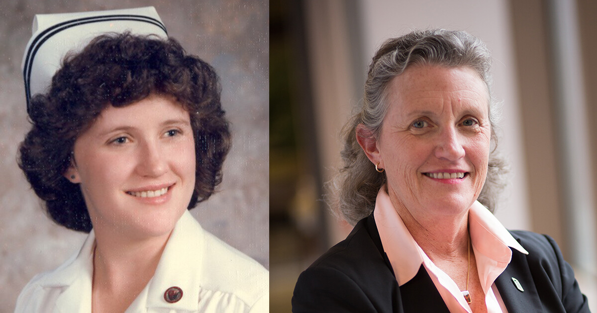 Two headshots of Jane Kirschling, the image on the left has her in her nursing cap and image to the right is her current headshot. 