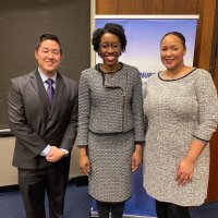 Underwood, center, is flanked by Center to Champion Nursing in America staff Scott Tanaka, left, and Jazmine Cooper, right.