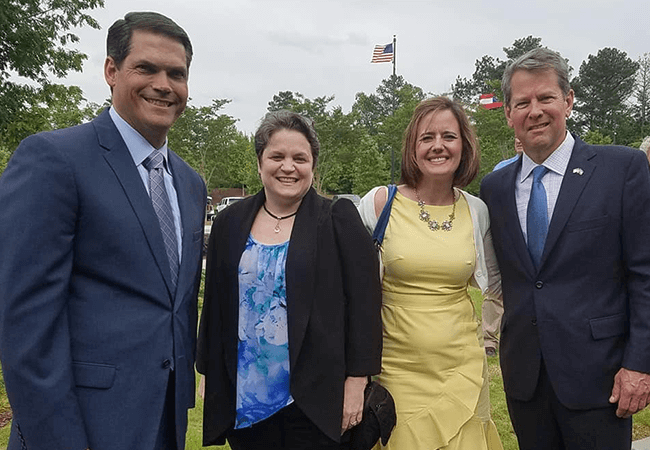 Photo of Lt. Gov Geoff Duncan, Desiree Clement CNM,Molly Bachtel, FNP, and Gov. Brian Kemp after the APRN Preceptors Gain Tax Incentives bill signing