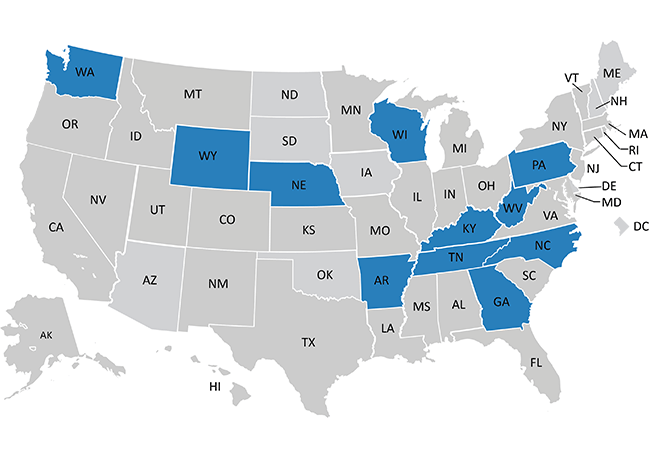 Map highlighting 2020 Nursing Innovations Fund awardee states: Arkansas and Tennessee, Georgia, Kentucky, Nebraska, North Carolina, Pennslyvania, Tennessee, Washington, West Virginia, Wisconsin, and Wyoming